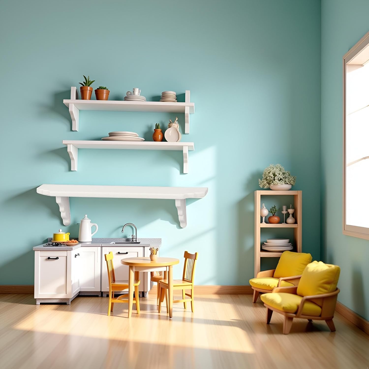 White Dollhouse Wall Shelf, 1/12 Scale Miniature Dollhouse Accessories, White Doll House Storage Wall Shelf Dollhouse Furniture for Kitchen Scene