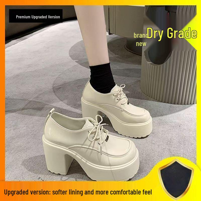 2025 Spring Women's Mary Jane High Heels: New Fashion Platform Chunky Lace-Up Leather Dress Shoes