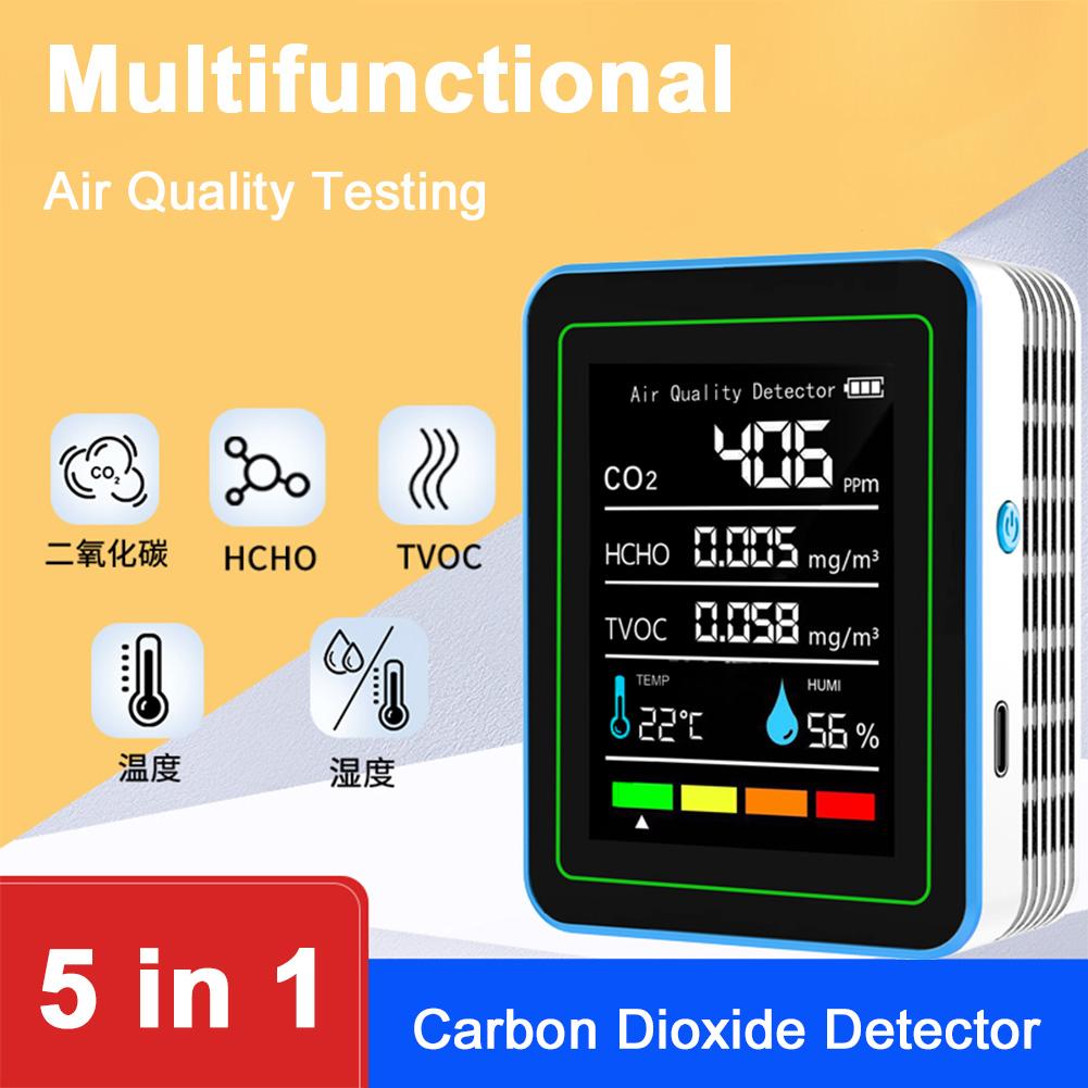 5 In 1 Digital Air Quality Monitor CO2 HCHO TVOC Humidity and Temperature Monitor CO2 Tester for Home Office LCD Rechargeable