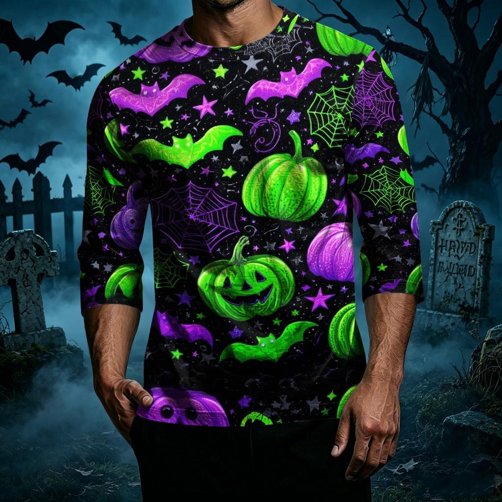 Men's Casual Halloween Print Crew Neck T-Shirt Three Quarter Sleeve Relaxed Fit Lightweight Top for Everyday Wear