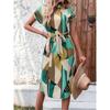 Women Geometric Print Dress V Neck Short Sleeve Waist Tie Casual Midi Dress Vacation Wear
