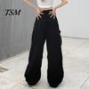 Trousers Women Cargo Pants Hip Hop Baggy Solid Color Multi Pockets Elastic Waist Match Top Loose Breathable Lady Clothes
