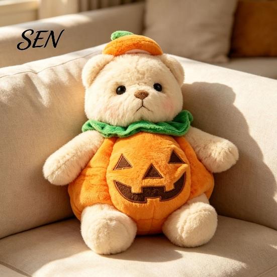 Halloween Pumpkin Bear Plush Toy, Soft Stuffed Animal for Kids, Theme Room Decor Cute Huggable Pillow Fall Holiday Home Plushie Toy Party