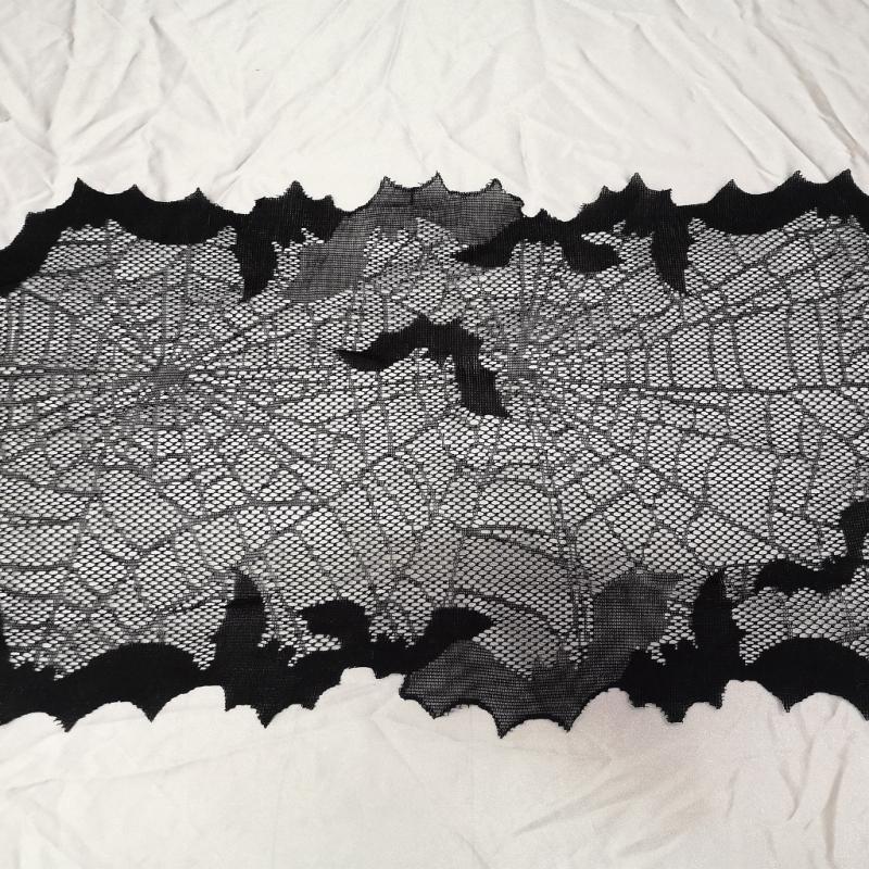 Gruselige Halloween-Dekoration 13x68 Zoll Schwarzer Tischläufer, Wasserabweisend mit Spinnennetz- und Fledermausmotiven für festliches Speisen