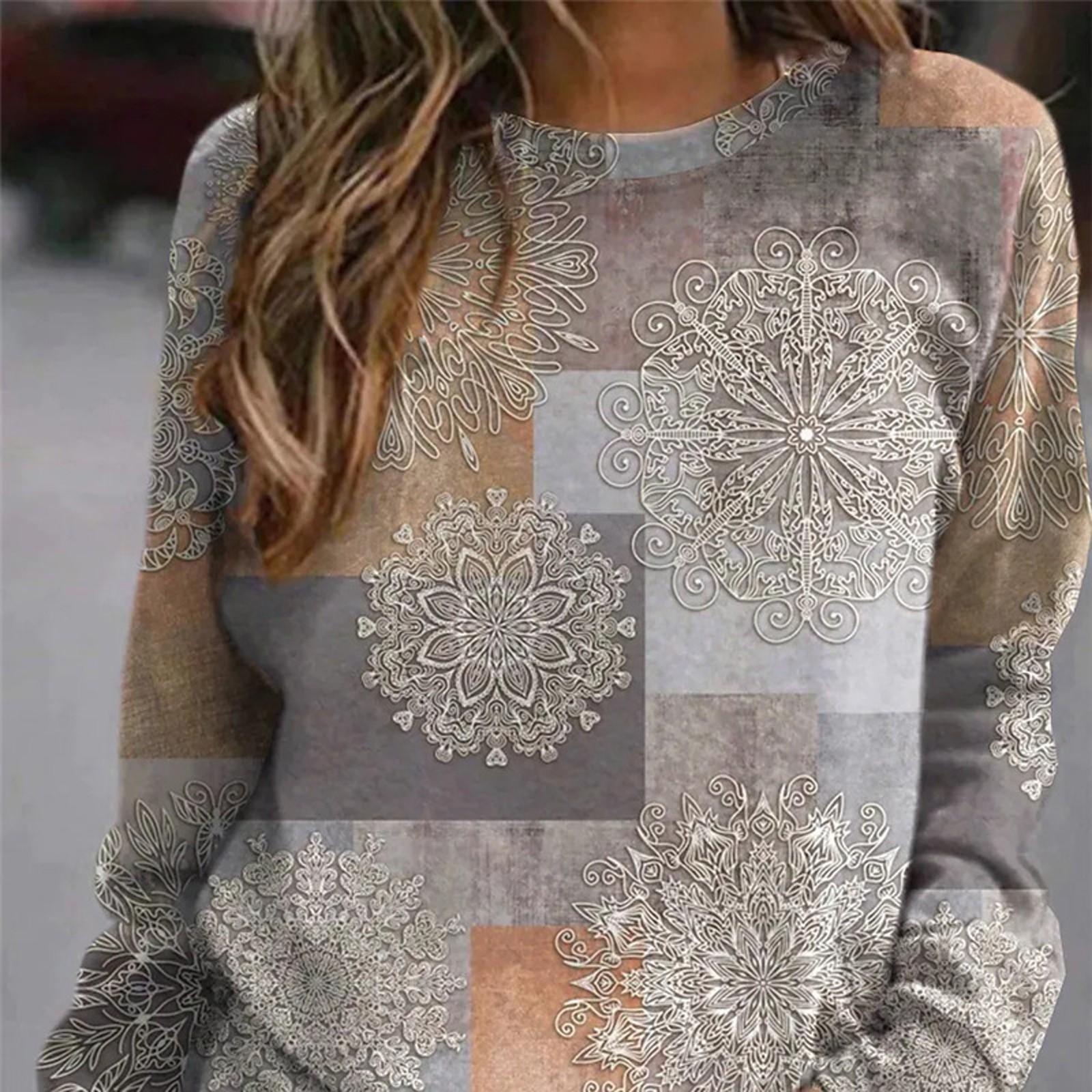 

Fashion Womens Floral Print Round Neck Long Sleeve Casual Sports Sweatshirt XL коричневий