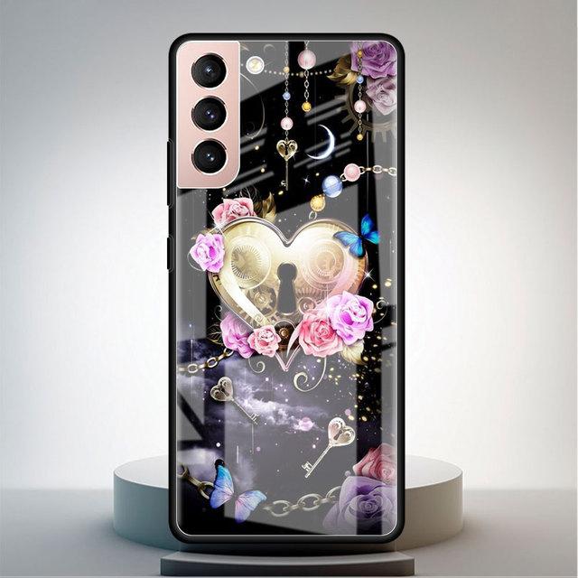 Husă din sticlă securizată pentru Samsung Galaxy S22 S21 Ultra S20 Fe S10 S9 S8 S22 S21 Plus Note 20 10 Funda pentru telefon Rose Fluture Floare