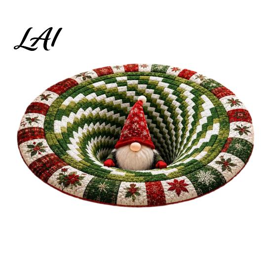 Christmas Floor Mat Round 3D Rug Optical Illusion Area Santa Claus Gnome Quilted-Like Patterned Rug Anti-slip Washable for Living Room Bedroom