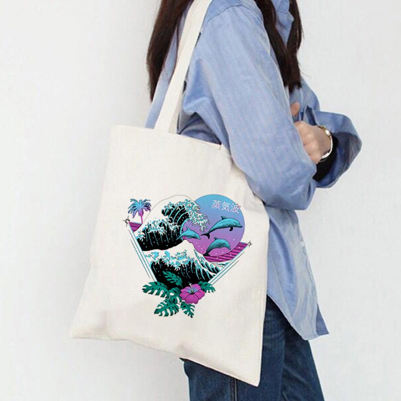 Women Shopper The Great Wave Kanagawa Printed Tote Bag High Capacity Harajuku Handbag Girl Shoulder Shopping Bag Lady Canvas Bag