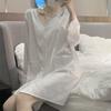 Spring and Autumn Thin Pajamas Women's V-neck Lace Fashion White Shirt Medium and Long Styles Can Be Worn Outside Sweet Ice Silk Nightgown Summer