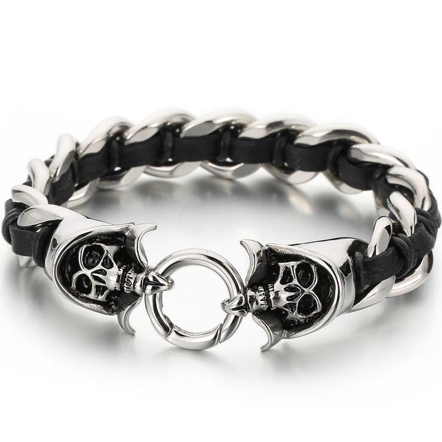 Pulsera Punk de Cuero Trenzado Lobo para Hombre Pulseras con Encanto de Mano para Hombre con Forma de Cabezas de Cráneo de Dragón Joyería de Acero Inoxidable de Lujo Gótico