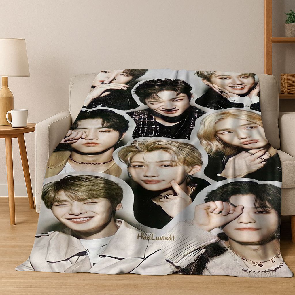 Latest Kpop Star Stray Kids Flannel Blanket Soft Warm Throw Blanket for Bedroom Living Room Bed Travel Camping Picnic Gift 75x90cm