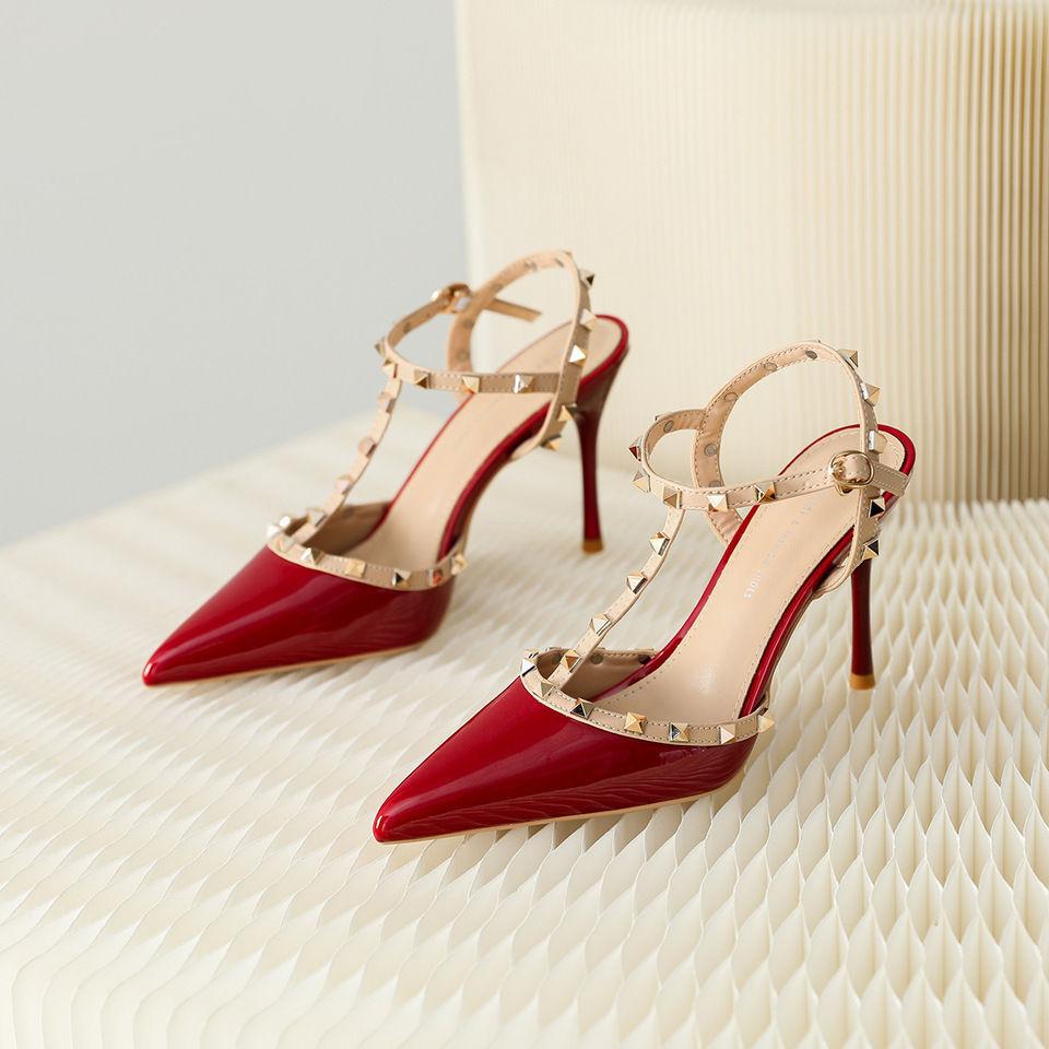 French Nude Pointed Rivets High Heels Women's 2025 New Beautiful Sexy Willow Single Shoes with Sandals