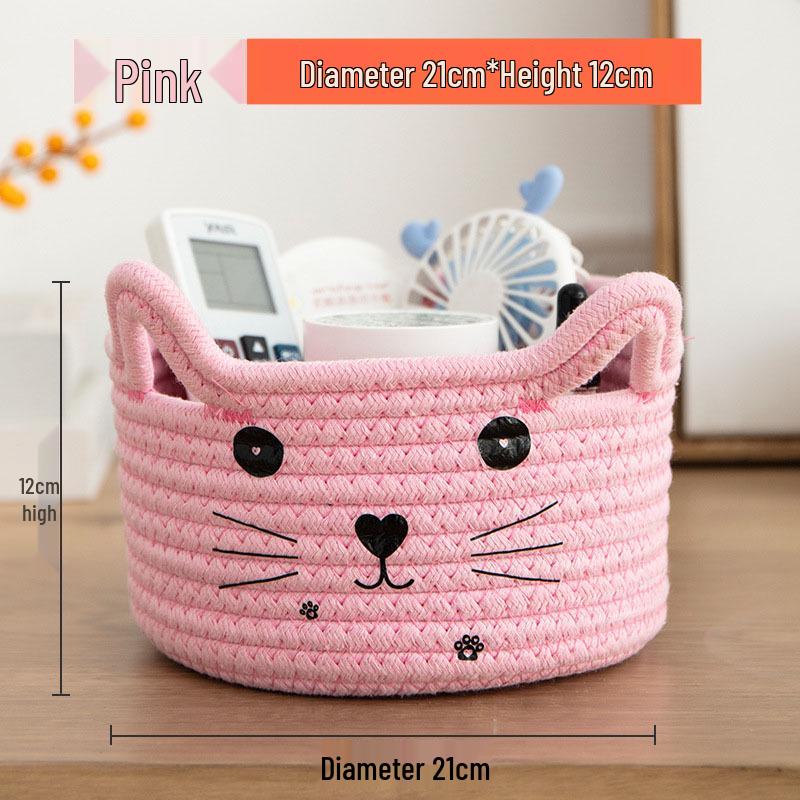 Cartoon Woven Cotton Rope Storage Basket for Cat, Remotes, Sundries, and Cosmetics