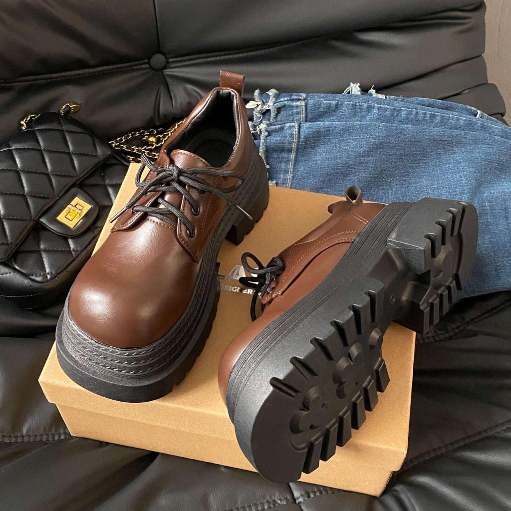 European thick-soled muffin loafers, children's spring new round head lace-up polished small leather shoes