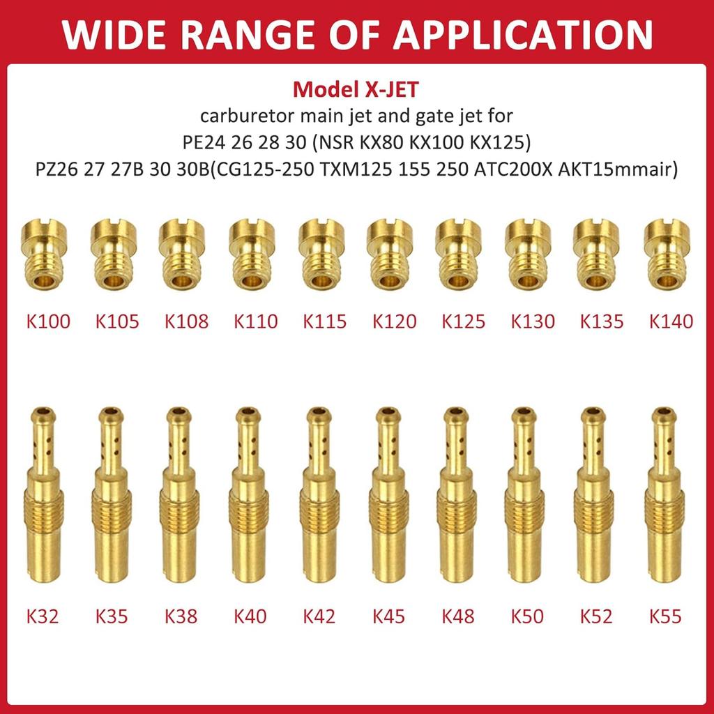 20pcs M5 Carb Main Jets Idle Jet Kit for Dellorto PHBG AD/DS Carburetor, 55#-195# Thread 5x8mm Main Jets, 32#-55# Thread 6x28mm Pilot Jets Compatible