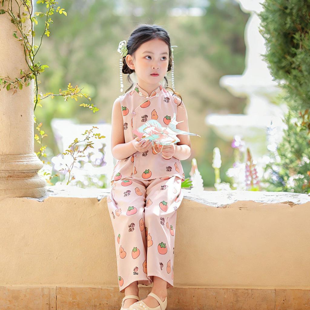 2026 Girls' Summer Chinese Style Sleeveless Qipao Set with Stand-up Collar