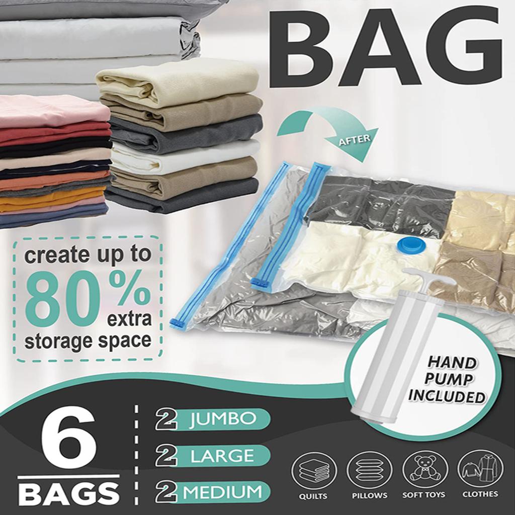 6 Pack Multiple Sizes Vacuum Storage Bags with Pump Big Moving Bags Vacuum Sealed Bags Organizer Space Saver Bags For Clothes
