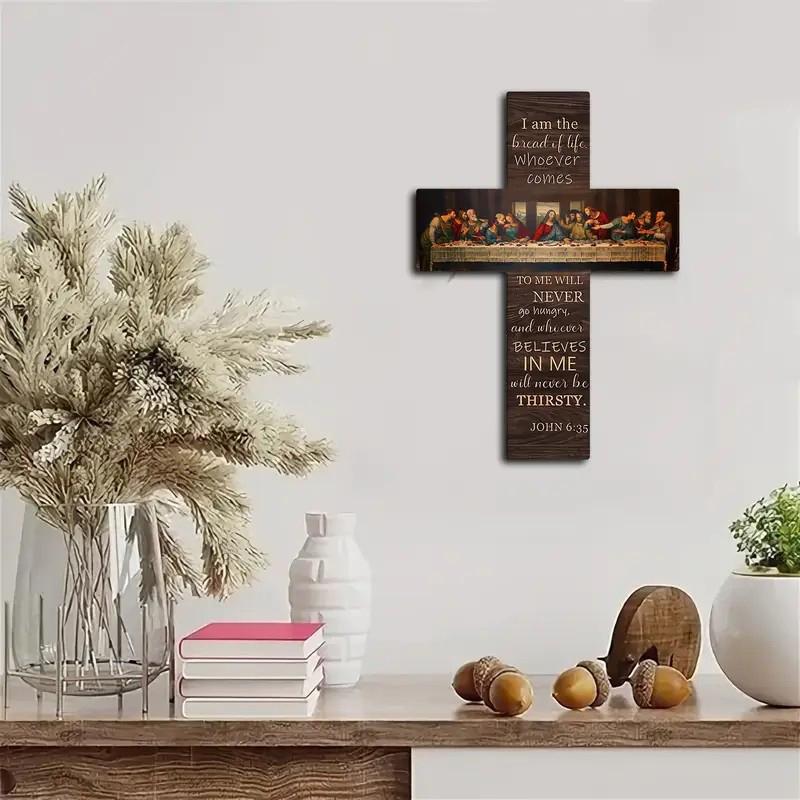 Pane di Vita Scena Ultima Cena Segno in Legno Croce Arte da Parete Placca Decorazione per la Casa Ciondolo Biglietto da Parete Scrittura Biblica da Appendere