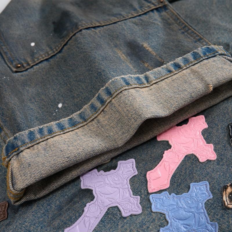 Mens Low-Rise Distressed Oversized Straight Leg Denim Jeans With Hand-Painted Splatter Wash
