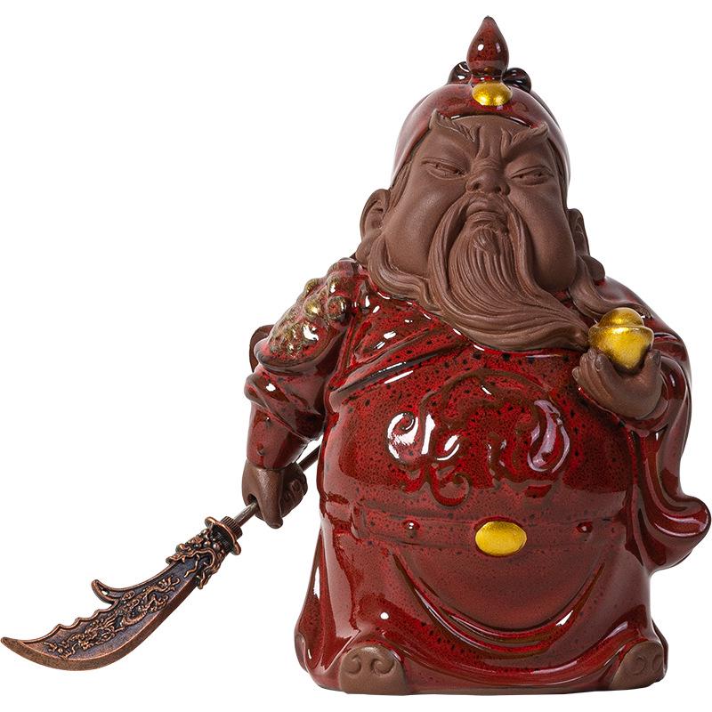Guan Gong Martial Saint Statue: Ceramic Guan Yu Ornament for Tea Room, Living Room, or Study Decor.