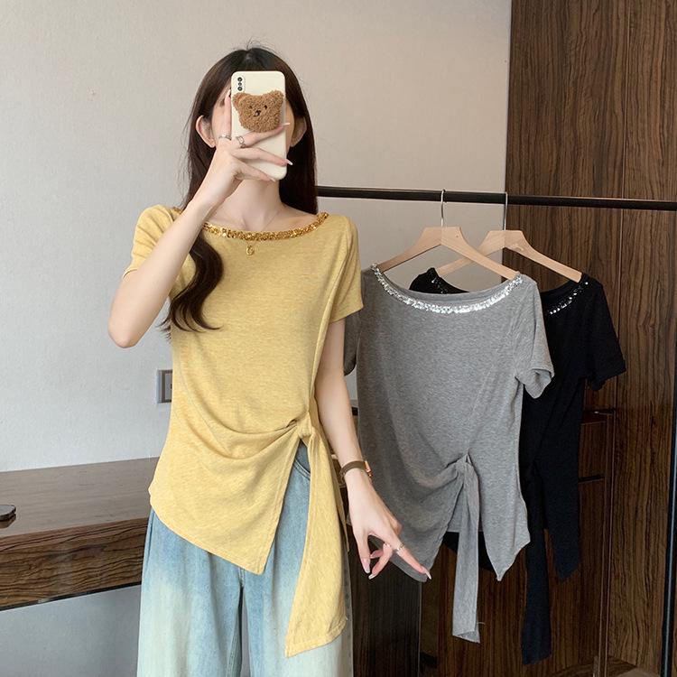 2026 Summer Plus Size Women s Chic Sequined Lace-up Round Neck Short Sleeve T-shirt L жёлтый