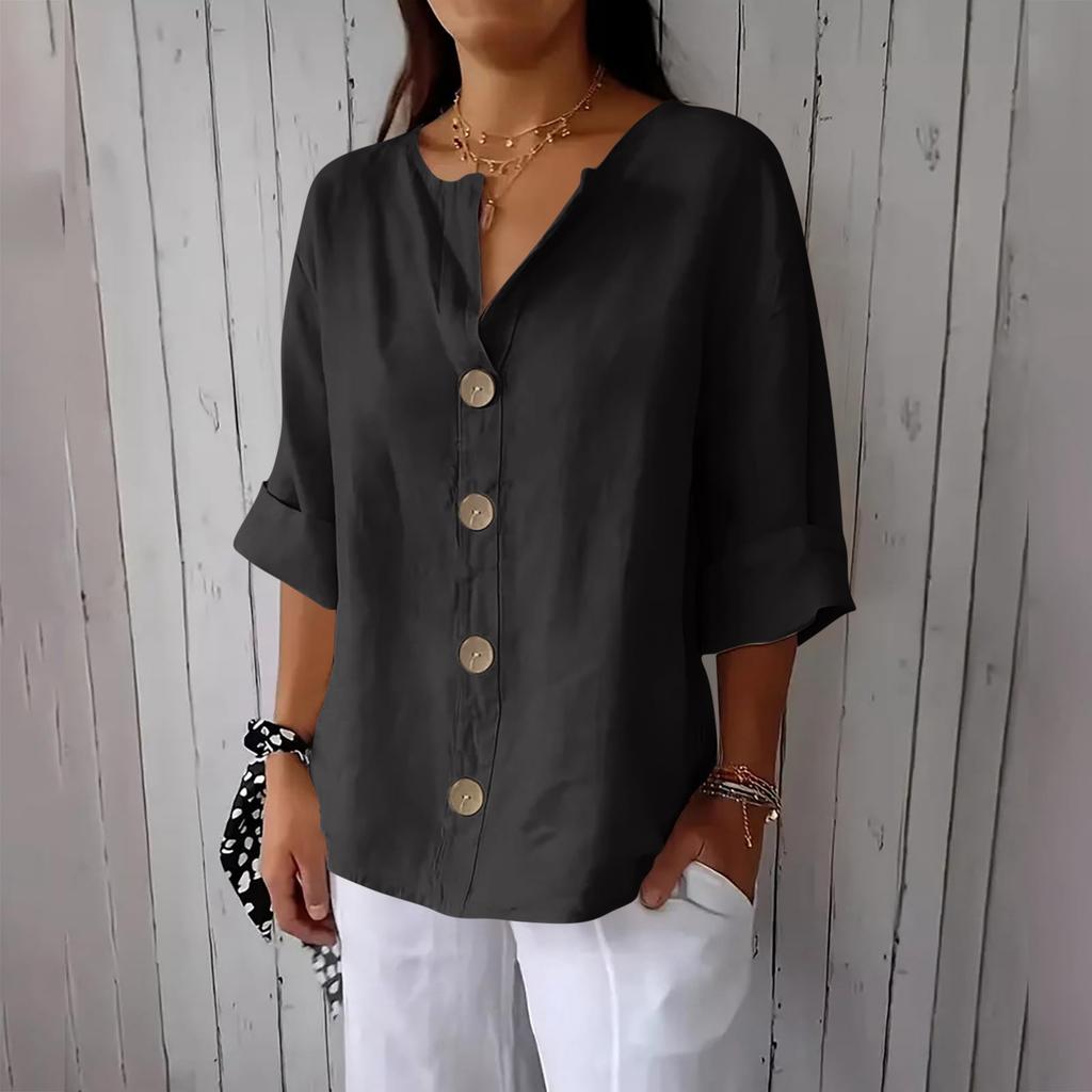 Women's Fashion Casual V-Neck Buttoned 3/4 Sleeve Cotton Linen Top