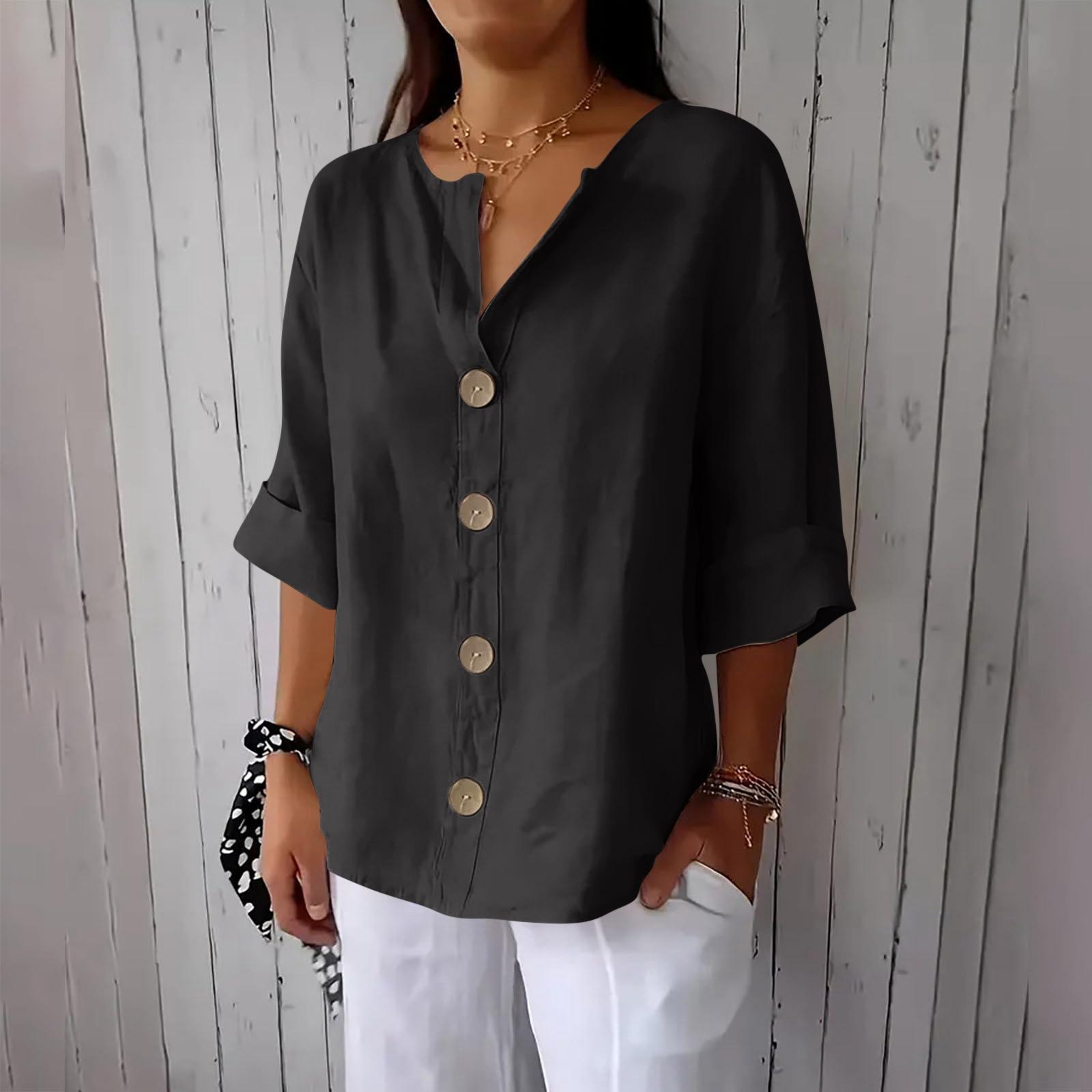

Women s Fashion Casual V-Neck Buttoned 3/4 Sleeve Cotton Linen Top XXXL чорний