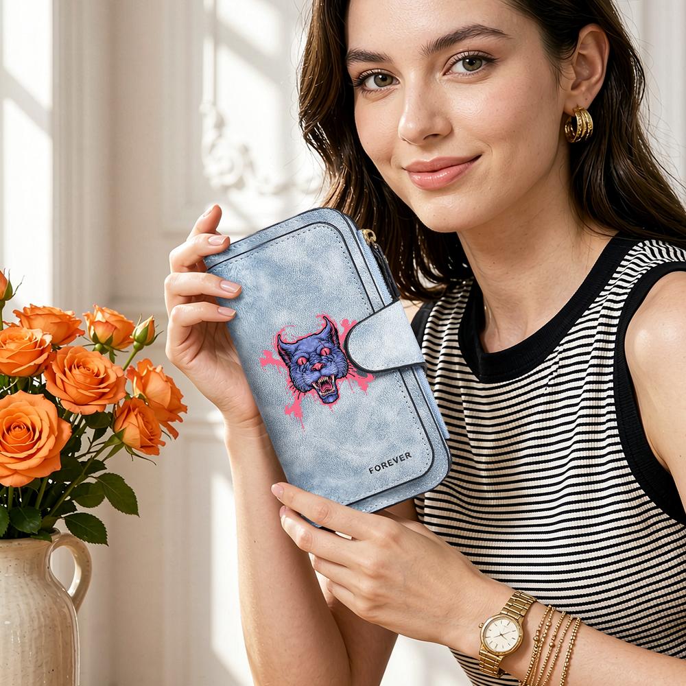 Gothic Cat Pattern Long Wallet Fashion Portable Multi Slot Card Holder Daily Use Purse
