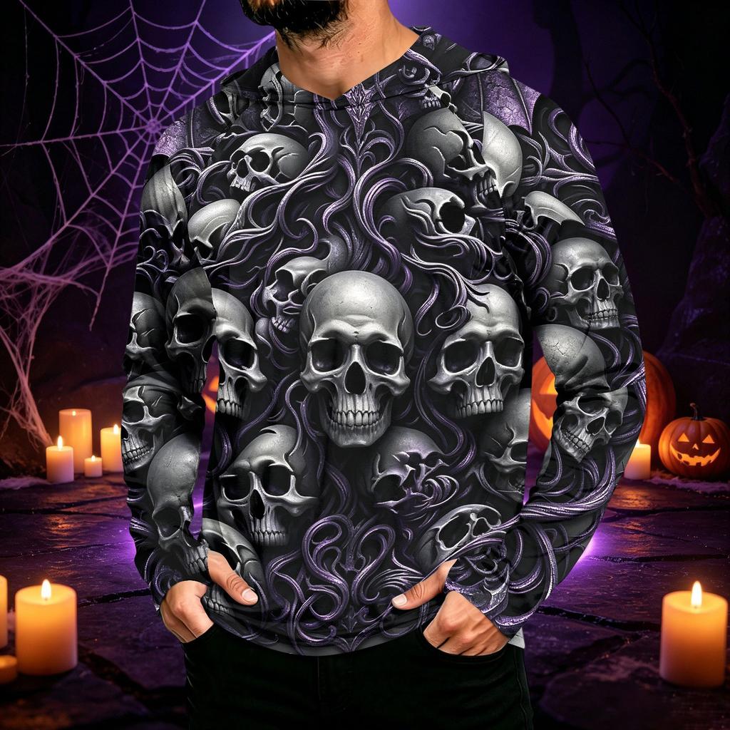 Men's Long Sleeve Hoodie Halloween Print Lightweight Pullover for Casual Wear