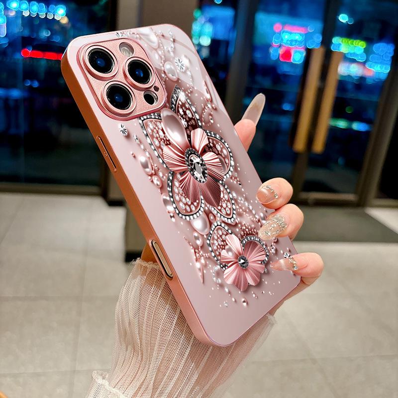 Rose Gold Jewel Bloom Pink Metallic Glass Phone Case For iPhone 11 12 13 14 15 16 17 Pro Max Plus 17Air 16E 7 8 XsMax Back Cover