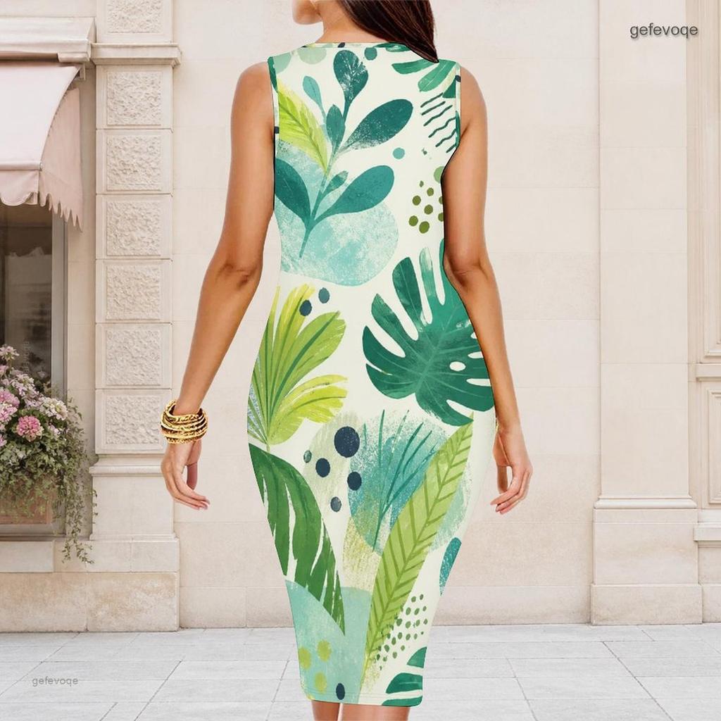 Women Plus Size Round Neck Sleeveless Tropical Leaf Printed Bodycon Midi Dress