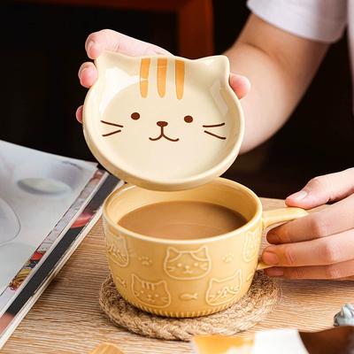 300ml Sevimli Seramik Kedi Kahve Kupası Kapaklı, Kedi Severler için Kawaii Kahve Kupaları veya Çay Fincanları, Hediye için Komik Yenilik Kedi Kahvaltı Kupaları