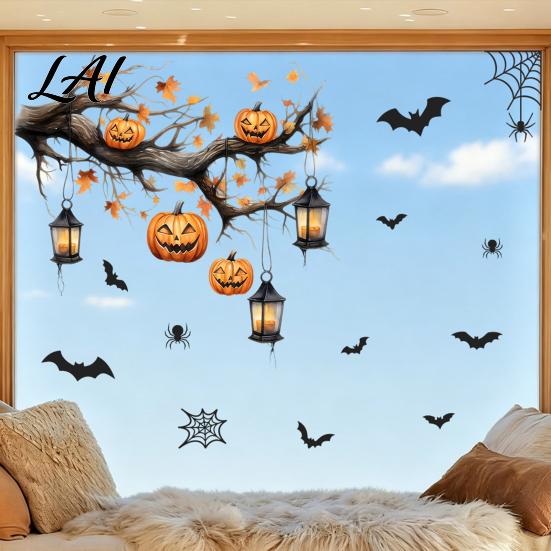 Funny Cat Bat Decals Halloween Static Cling Window Stickers Cute Ghost Pumpkin Glass Holiday Party Decorations Decals Removable Adhesive-Free