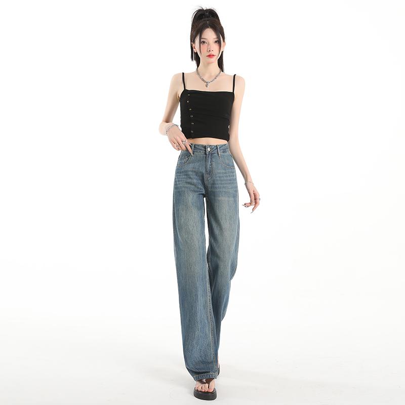 Gedijie Tencel Jeans Women's Thin, High Waist, Drip Feeling, Floor Dragging, Ice Silk Loose Straight Leg Pants