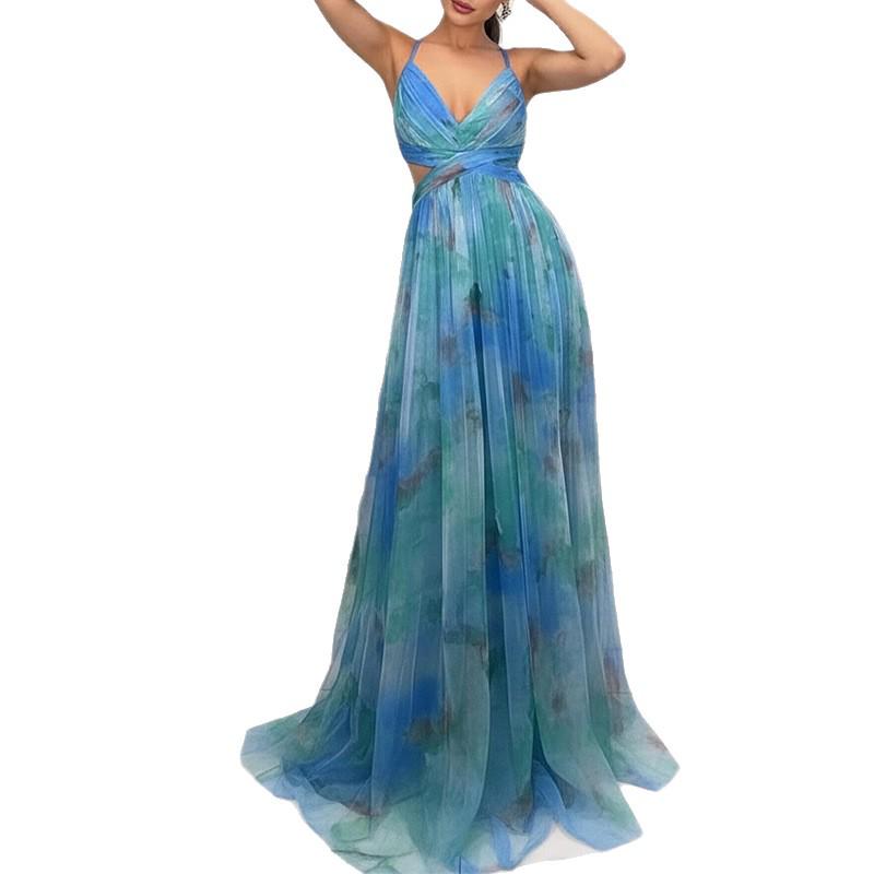 2026 Spring Women's Colorblock Print V-Neck Spaghetti Strap Long Dress