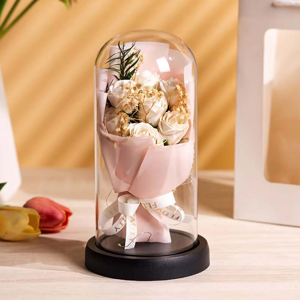 Real Touch Eternal Rose Dome with LED Lights Romantic Home Decor Preserved Flower Gift for Valentine Anniversary Wedding