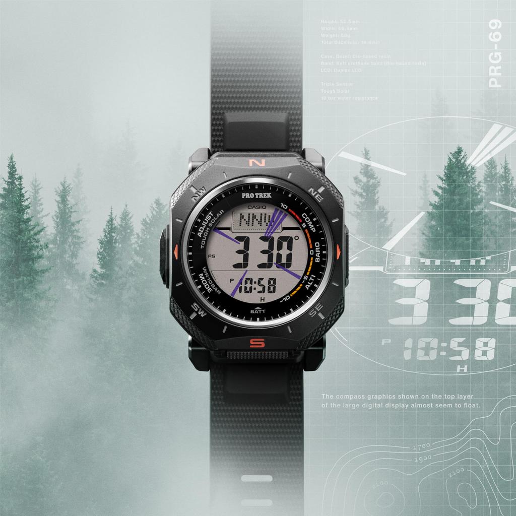 Casio Pro Trek Climber Line Wytrzymały Wykonany z Przyjaznego dla Środowiska Czarny Zegarek, Słoneczny, Materiały, PRG-69-1JF, Męski,