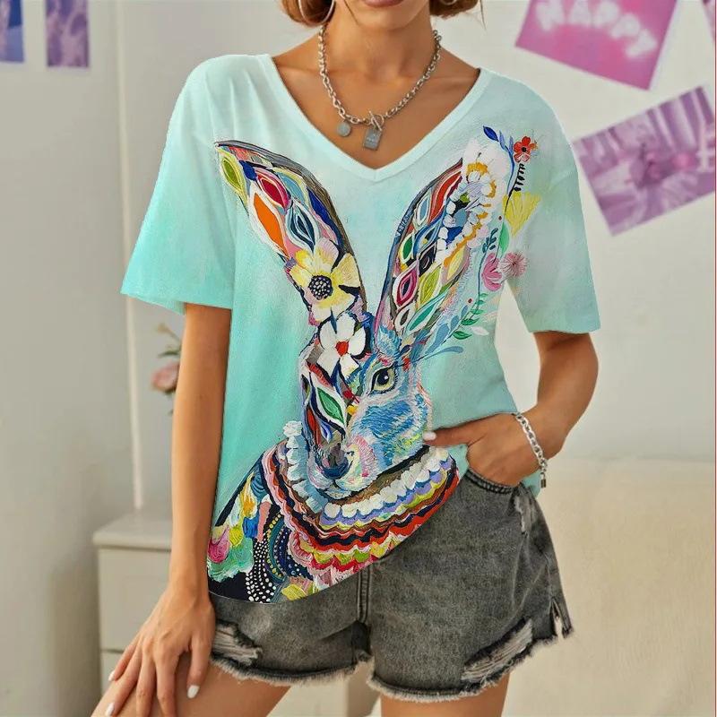 Summer New Casual Daily Versatile Pattern Rabbit 3D Printed Short Sleeved V-neck T-shirt