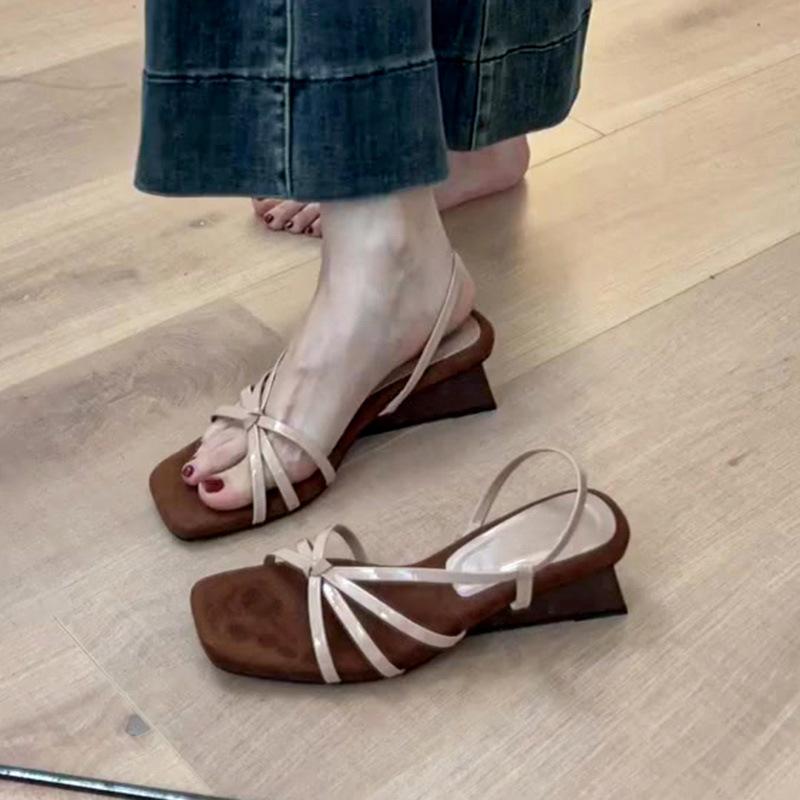 Sheepskin Version~ French Temperament One-word Thin Strap Wedge Sandals Women's Head with Skirt Open-toed High-heeled Roman Sandals