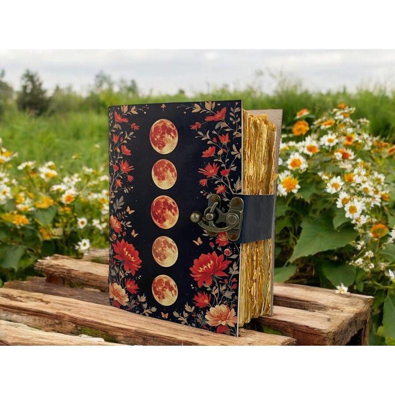 

Grimoire Vintage leather journal, Moon Phase Fat Journal, Blank spell book of shadows Celestial Christmas Gifts For Him Her 7 x 5 in - 200 Sheet