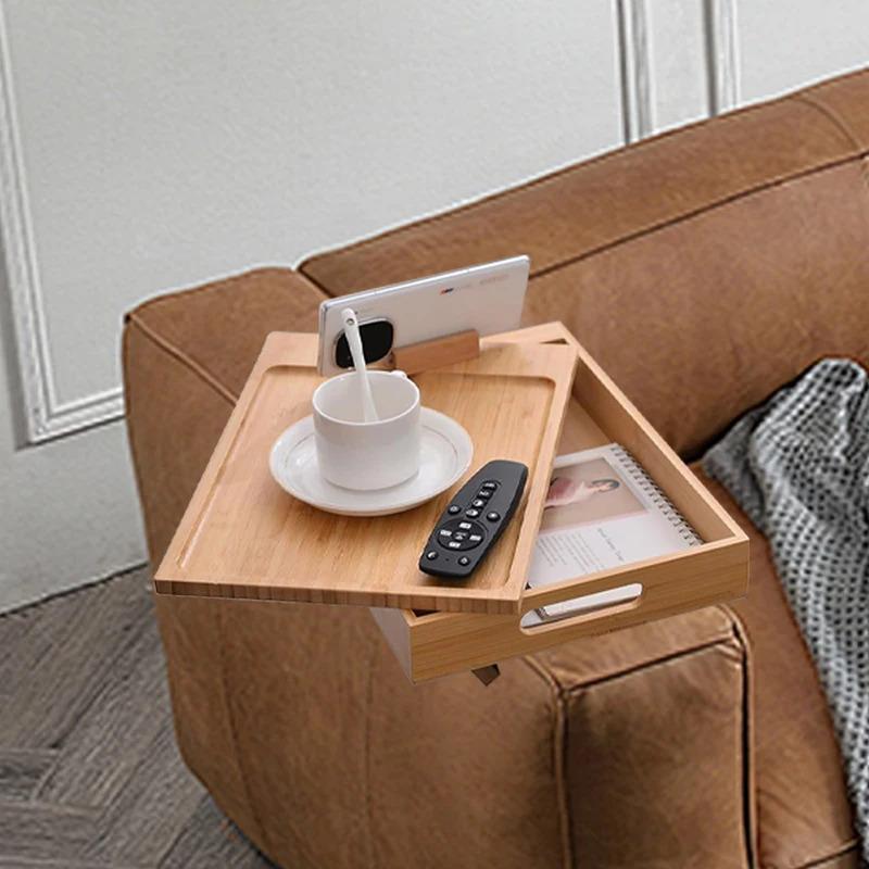 Bamboo Couch Tray, Multi-Function Folding Sofa Armrest Tray With 360°Rotating Phone&Pad Bracket, Tv Tray For Eating And Beverage