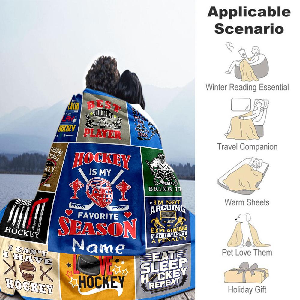 Blue Hockey Customize Text Blanket Gift Personalized Blanket Soft & Cozy Suitable for Chair Sofa Couch Nap Ideal for All Seasons