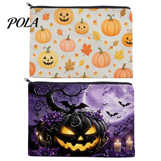 Washable Storage Pouch Bag, with Halloween Pattern Print, Smooth Zipper Durable Canvas Dust-proof Container Organizer, Portable Stationery Case,