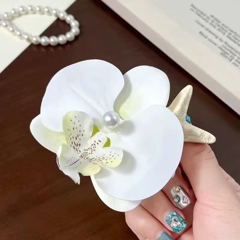 

Vintage Pearl Hair Clip Sweet Design Resin Starfish Hair Clip Orchid Flower Hairpin Seaside Wear білий