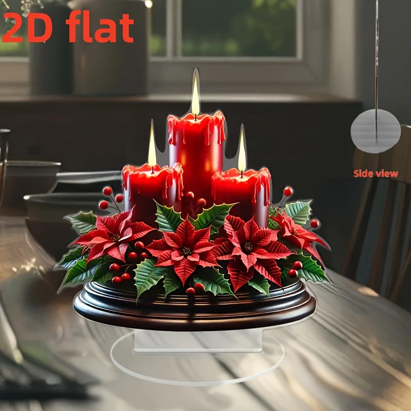 2D Flat Red Candle and Plant Bouquet Acrylic Desk Decor, Candles and Flowers, Suitable for wall decoration, porch, room, villa, accents Home, Hallway,