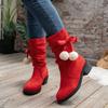 Comemore Winter Women's Fluffy Bowknot Ball Decor Boots Slip On Casual Chunky Heeled Red Suede Botas Christmas Mid Calf Boots