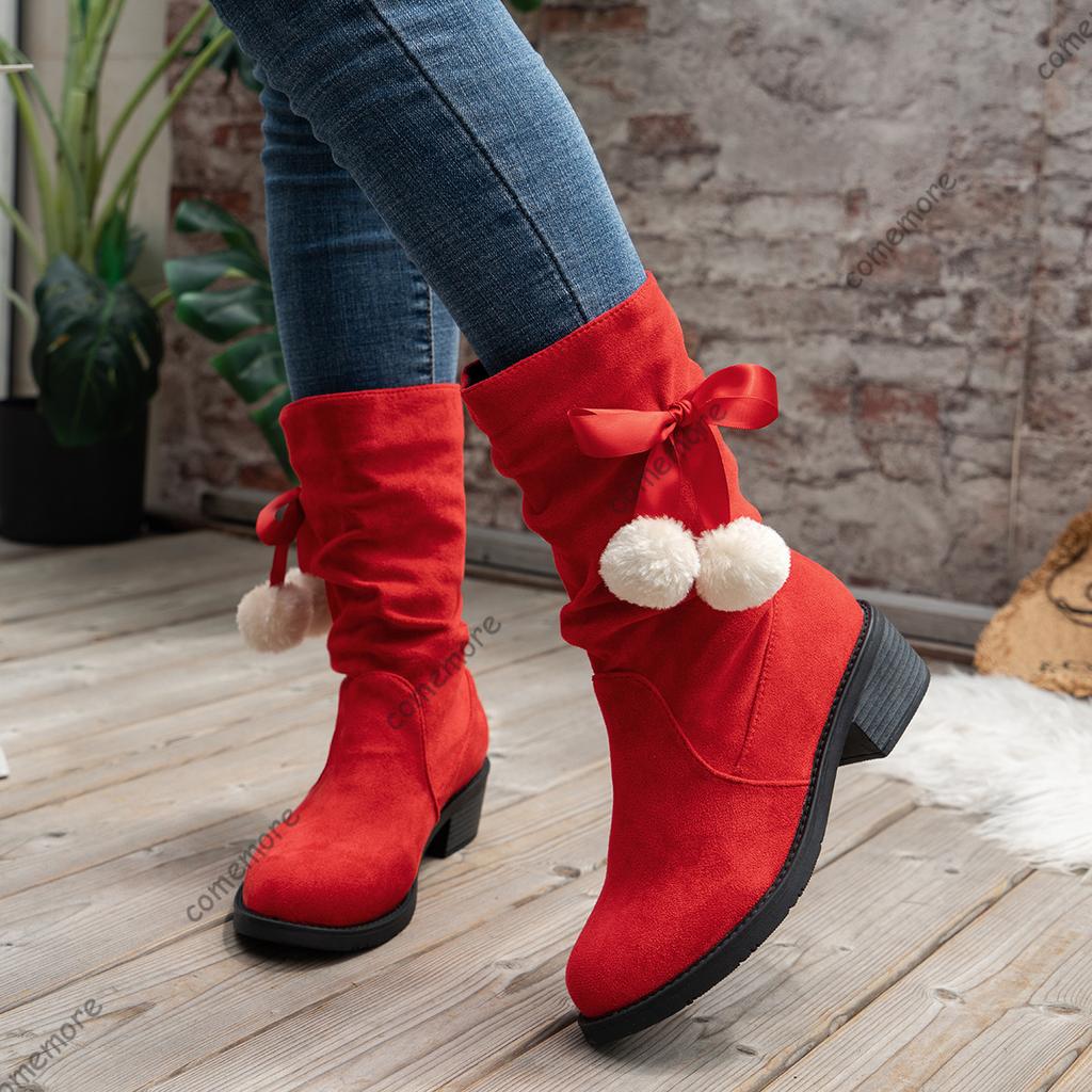 Comemore Winter Women's Fluffy Bowknot Ball Decor Boots Slip On Casual Chunky Heeled Red Suede Botas Christmas Mid Calf Boots