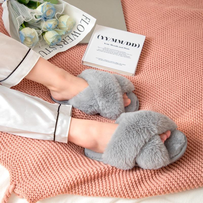 Winter Plush Cross-strapped Cotton Slippers Non-slip Indoor Soft Bottom Warm Fluffy Household Slippers Women
