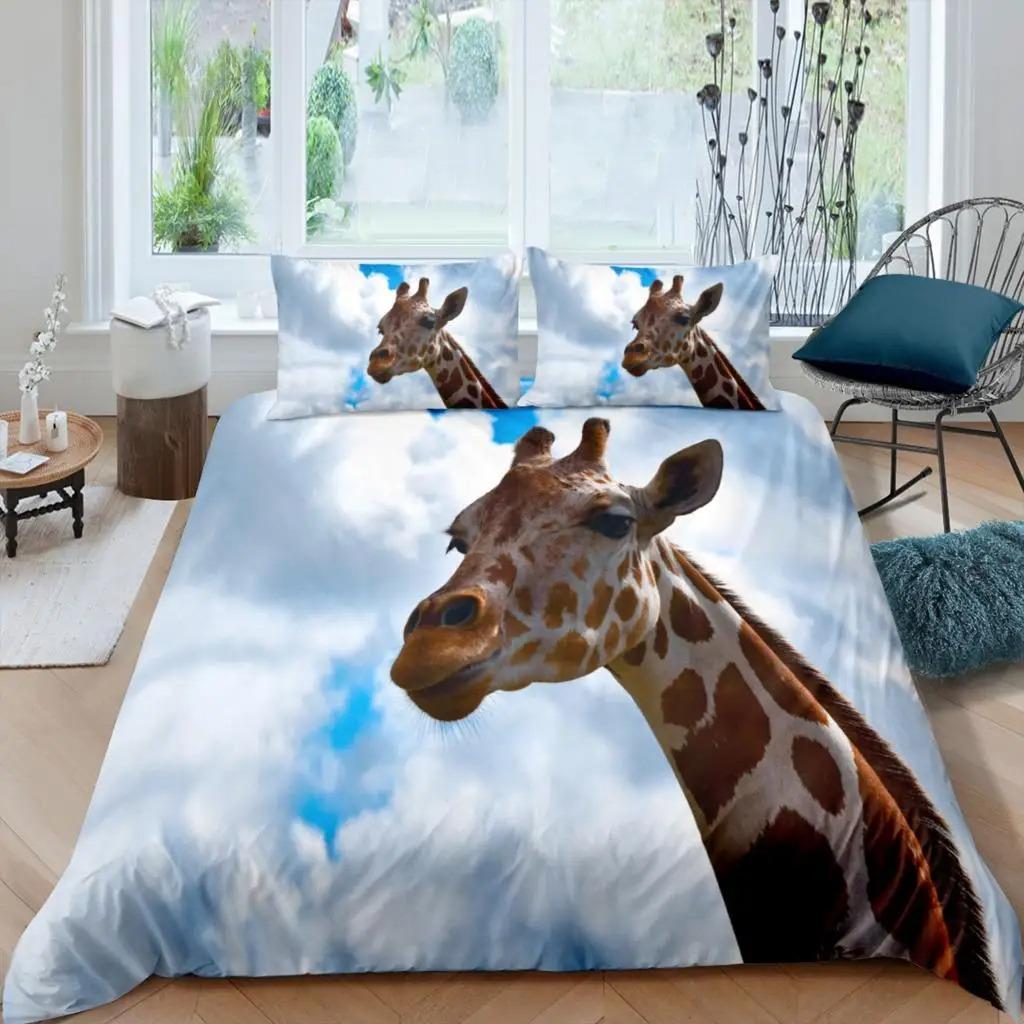 Home Living Luxury 3D Print Giraffe Bedding Set Sky Cloud Duvet Cover Pillowcase Queen and King EU/US/AU Size Polyester Bedding