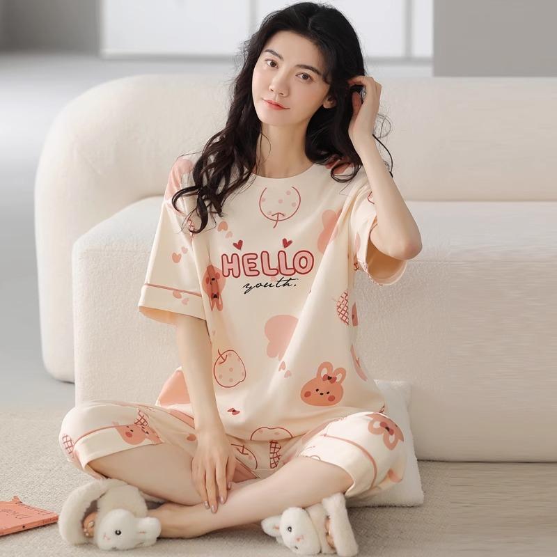 

Summer pure cotton pajamas women s pullover sweet casual short-sleeved cropped pants can be worn outside loungewear student dormitory set female m